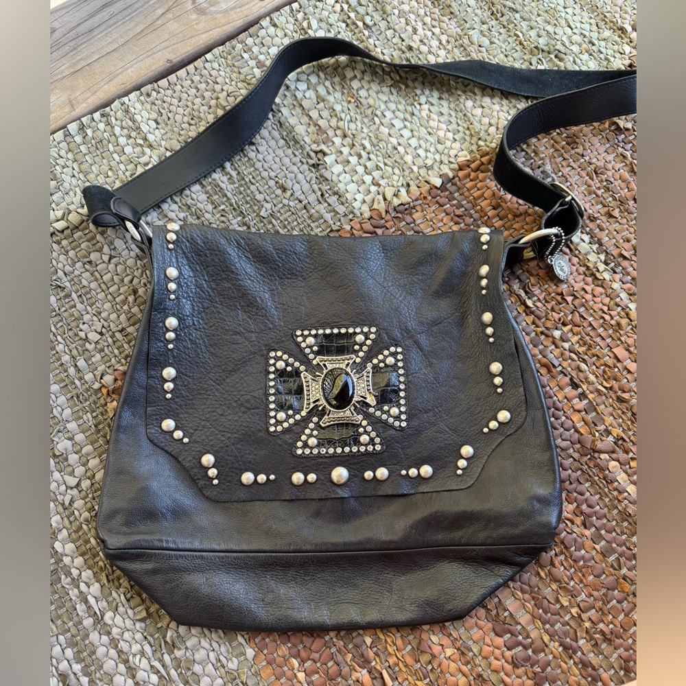 Leatherock USA Soft Black Leather Messenger Bag Rhinestone Purse